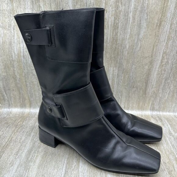 Aerosoles Boots Womens 9 Black Mid Calf Black Leather Zip Up Riding Square Toe - Picture 2 of 9